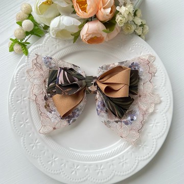 彈夾-獨家花邊蕾絲蝴蝶結髮夾-咖啡色