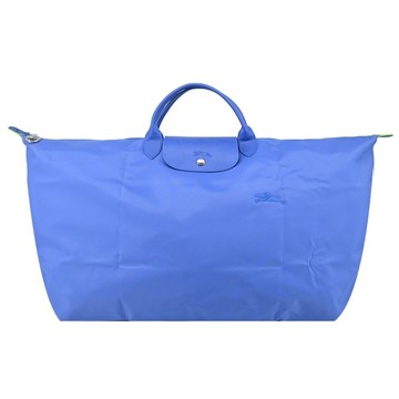 LONGCHAMP LE PLIAGE GREEN系列刺繡摺疊旅行袋(中/失車菊藍)1625-919-P82