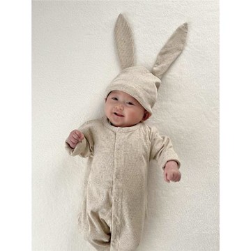 ins韓版春秋款嬰兒可愛兔耳朵連體衣新生兒百天包屁哈衣長款爬服