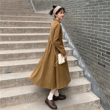 半高領連衣裙秋冬女氣質復古高腰a字裙排扣時尚百搭長袖中長裙子1入