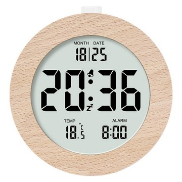 Couselect 北歐木紋電子鬧鐘 溫柔背光 桌面時鐘 帶日期溫度 顯示睡眠模式 可愛小巧鬧鐘  圓形
