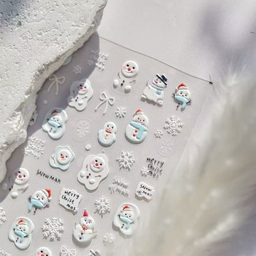 💗台灣出貨💗2025冬日爆款卡通可愛雪人浮雕美甲貼紙立體雪花筆桿水杯指甲貼紙