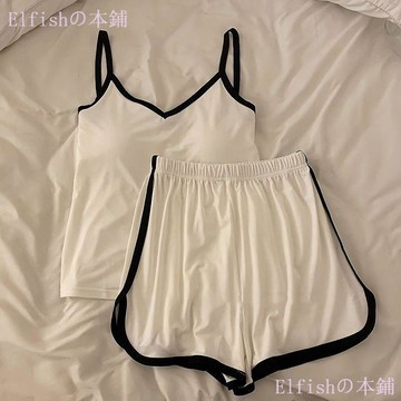 【核心賣點】ins韓系涼感冰絲睡衣女 夏季吊帶背心 帶胸墊 簡約薄款套裝 家居服 吊帶睡衣 居家睡衣 帶胸墊洋裝 背心