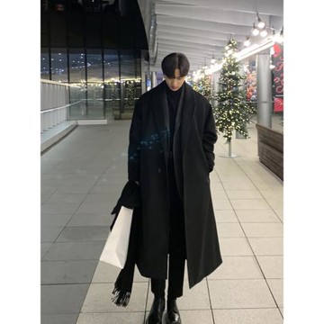 碧舍秋冬毛呢大衣男中長款過膝韓版寬松加厚帥氣風衣毛呢男士外套