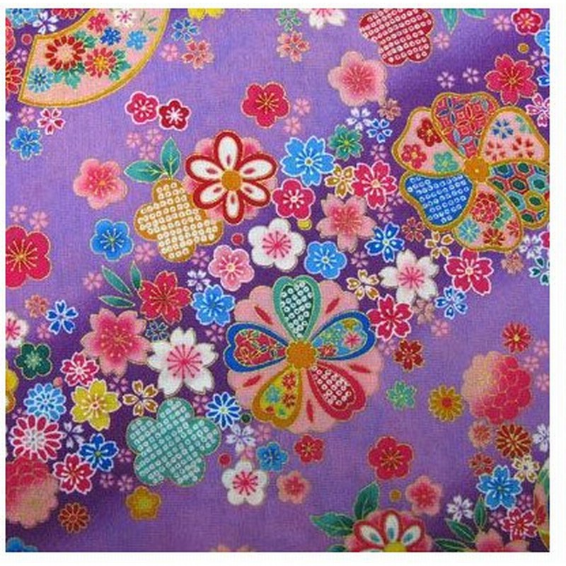 和柄生地 布 和風花柄着物風 金彩斜め花模様 紫 生地 手芸 綿 通販 Lineポイント最大get Lineショッピング