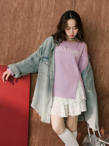 內刷毛字母印花開衩大學T