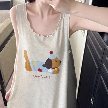 背心式 睡裙女 夏天 薄款 高級感 可愛 卡通 木耳邊 坎袖 吊帶裙 睡衣 家居服 慵懶風 可外穿 睡衣