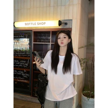 簡約白色休閑基礎款短袖T恤女裝夏季慵懶風圓領寬松顯瘦套頭上衣