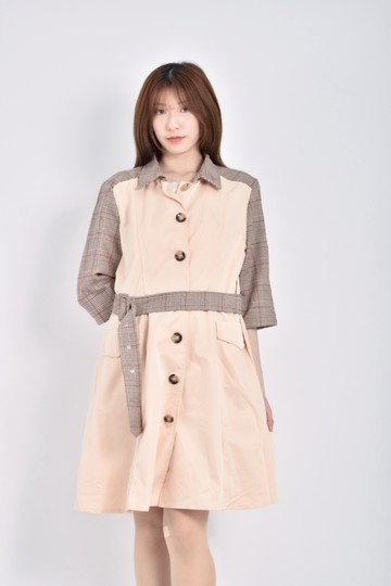 (F) poly lulu質感長版拼布格紋風衣棕色外套