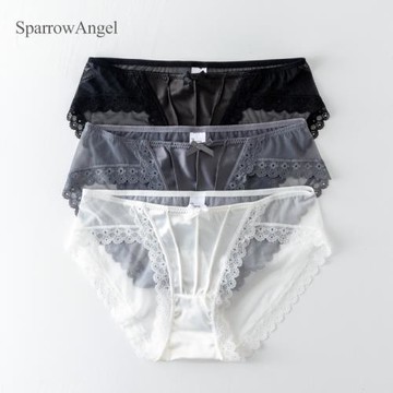 sparrow angel夏季性感網紗內褲透明色丁布蝴蝶結女士中腰三角褲
