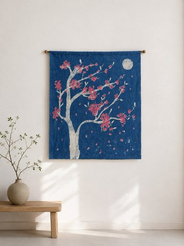 手工藍染櫻花壁飾 | 棉質織品掛畫