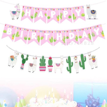 🇹🇼台灣現貨【 羊駝派對旗 】A069 草泥馬 生日旗 女寶週歲 派對佈置 女兒生日 節慶 三角旗