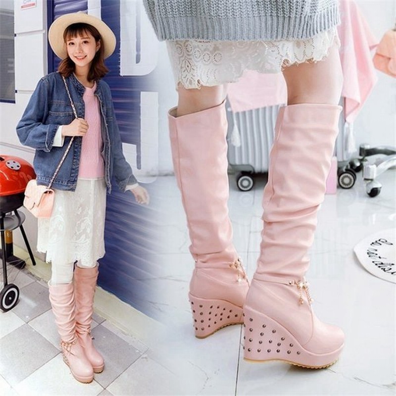 ロングブーツレディ ースブーツ ロングウェッジソールブーツ韓国風ロングブーツ可愛い厚底パンプス長靴スリッポン美脚大きいサイズ おしゃれブーツ秋冬用 通販 Lineポイント最大get Lineショッピング