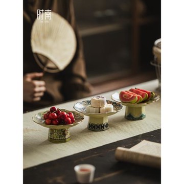 汝窯青花瓷高腳果盤茶點盤小號精致點心盤中式陶瓷水果糕點盤供盤