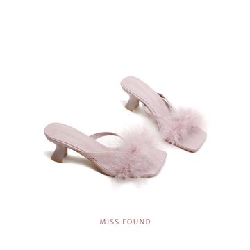 missfound【福利款】毛毛拖鞋晨袍法式粗跟涼拖鞋高跟外穿仙女風
