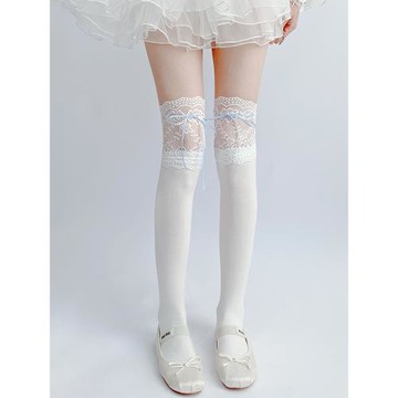 夜間教習室過膝長筒襪女夏薄款蕾絲花邊高筒白色洛麗塔蝴蝶結襪子