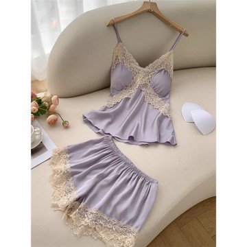 性感吊帶睡衣女夏季2025新款蕾絲背心短褲兩件套帶胸墊夏天家居服