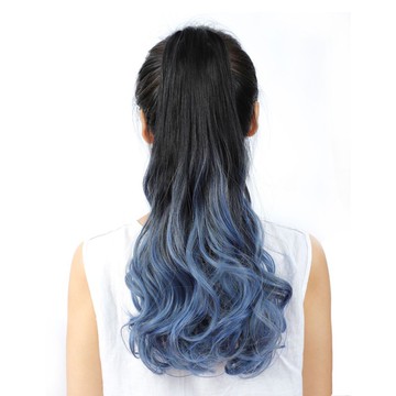 [台灣出貨附發票] 假髮馬尾 漸變色 長版捲髮假馬尾 鯊魚抓夾式局部假髮造型 藍色啞光絲蛋白絲仿真假髮