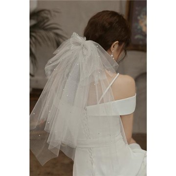 新娘婚紗照攝影頭飾珍珠蝴蝶結蓬蓬紗簡約森系超仙領證頭紗網紅照