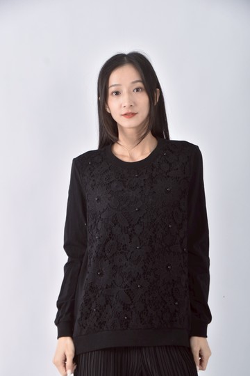(M) 花卉珠珠黑色長袖上衣