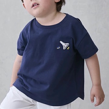 日本 petit main - [低價]接觸冷感 刺繡短袖上衣-火箭-靛藍