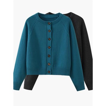 100%純棉毛衣開衫外套女短款插件袖秋冬季外搭小個子配裙子針織衫