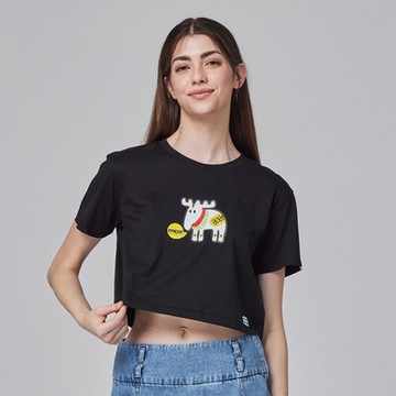 moz瑞典 招財駝鹿 舒適柔棉 100%純棉短版T-萬年黑(亞洲版)女款