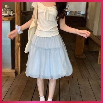 『ATC』韓系甜美溫柔風淺藍花苞半身中長裙 紗甜美鬆緊腰花苞半身裙2026夏季新款減齡百搭裙子女