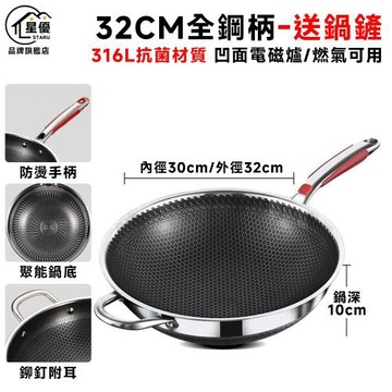 【Secaii設彩品牌店】炒鍋 316不鏽鋼蜂窩紋炒鍋 不沾鍋 雙面蜂巢設計高效聚能 耐刮/耐熱/強磁【送鍋鏟/全鋼柄設計/32cm炒鍋】