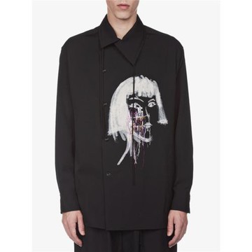 GAOSTUDIOS不對稱大領落肩羊毛男襯衫頭像印花刺繡流蘇長袖黑外套