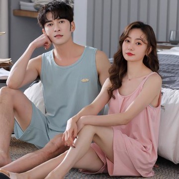 睡衣情侶裝一男一女背心帶胸墊夏季薄款無袖寬松大碼家居服可外穿