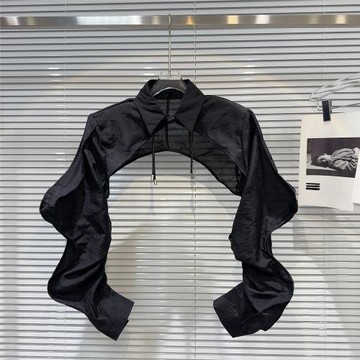 網紅同款2025秋季新款個性辣妹盤扣綁帶設計波浪袖上衣披肩短外套