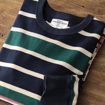 秋季條紋T恤男長袖阿美咔嘰日系復古重磅純棉寬松休閑打底衫體恤