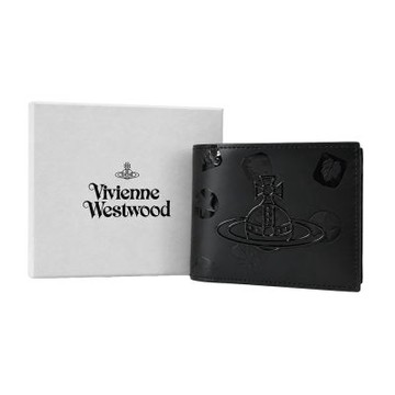 Vivienne Westwood 漆光土星logo皮革短夾/含零錢袋-黑