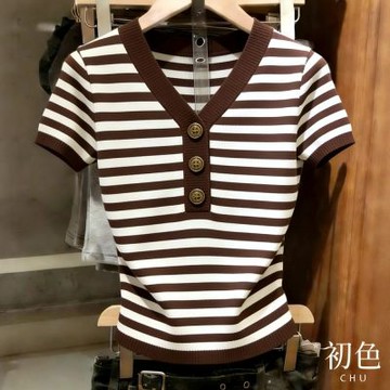 初色 復古簡約休閒修身V領撞色條紋半扣式短袖針織上衣女上衣-條紋-19536(F可選)