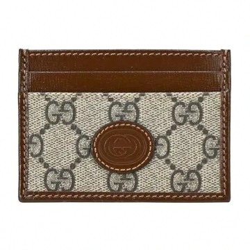 GUCCI Interlocking G 帆布拼接皮革卡片夾(卡其棕)