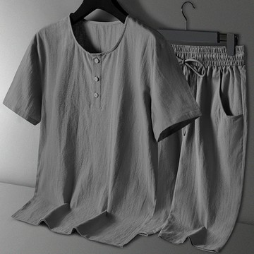 唐裝男中式夏季薄款短袖T恤亞麻套裝中國風男裝漢服爺爺衣服384M