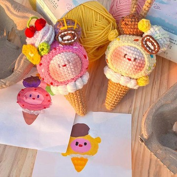 材料包🍋毛線鉤針甜筒糰子編織diy材料包手工自制可愛冰淇淋掛件鑰匙扣 手工藝美勞作業 手做毛線小物鉤針編織材料