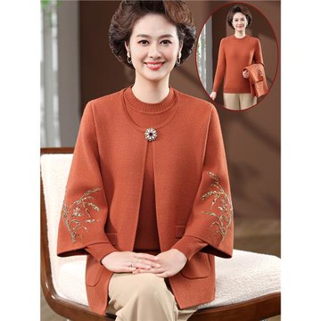媽媽秋裝兩件套2025新款針織上衣服中老年女秋冬洋氣毛衣開衫外套