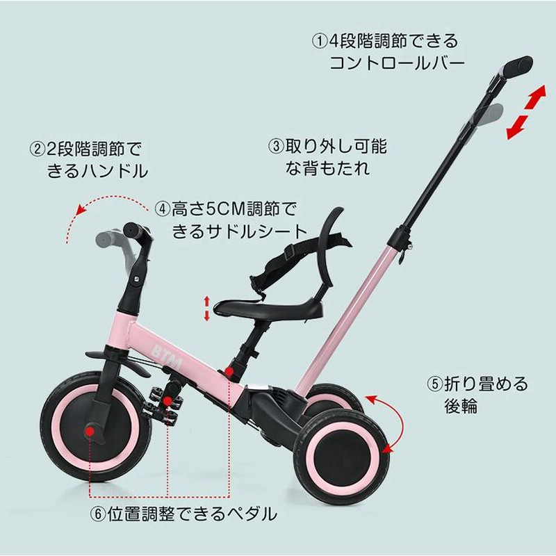 三輪車 折りたたみ三輪車 1歳 2歳 3歳 5in1 折り畳み 押し棒 BTM 子供