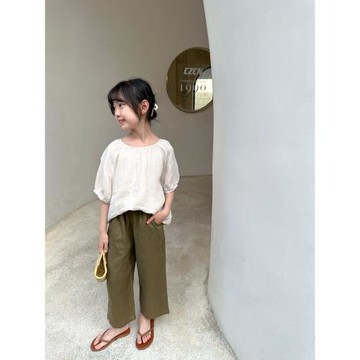 柒集夏季新品童裝女童亞麻休閑白色襯衫中大兒童棉麻日系上衣短袖