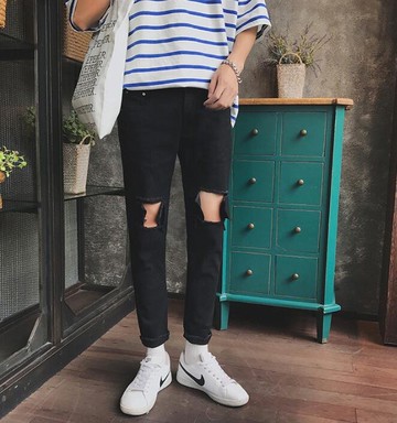 FINDSENSE MD 日系 時尚 潮 男 休閒 黑色 膝蓋破洞 毛邊設計 牛仔褲 直筒褲 休閒長褲 九分褲