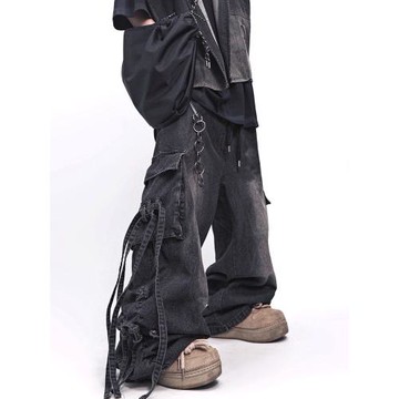 UUCSCC嘻哈復古做舊多口袋工裝牛仔褲美式高街vintage微喇叭長褲