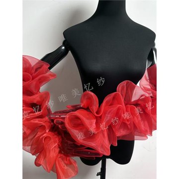 新款個性時尚手套歐根紗花朵酒紅色超仙走秀時裝新娘造型手套泡袖