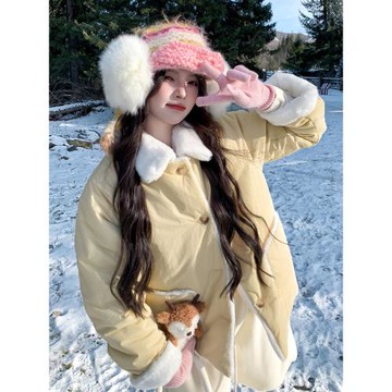 奶黃色毛絨絨棉襖女冬季2024年新款森系甜美加絨加厚棉衣棉服外套