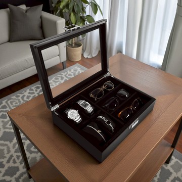 4格手錶收藏盒 3格眼鏡收納 方型扣鎖 金絲柚木 腕錶收藏盒 實木質感 - 黑色 ＃854-LLWB182-BK