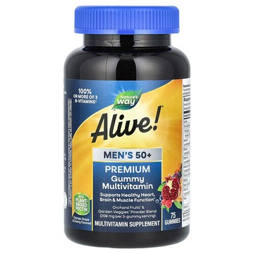 Nature's Way, Alive! 50 歲以上男性高級軟糖，完整多維生素，橙子、葡萄和櫻桃味，75 粒軟糖