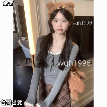 台灣出貨 拚色綁帶蝴蝶結長袖T恤女春秋修身顯瘦加厚內搭打底衫露臍上衣潮の