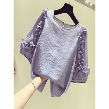 娃娃衫女半袖新款夏季韓版寬松洋氣小衫甜美木耳邊防曬面紗面罩