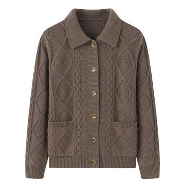 加厚翻領純山羊絨衫女大碼開衫毛衣寬松秋冬保暖毛衫外套E2229